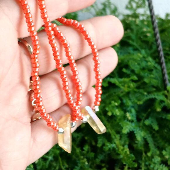 Dainty Aura Quartz Crystal Stretch Bracelet, Minimalist Gemstone Jewelry, One SZ - Picture 2 of 2